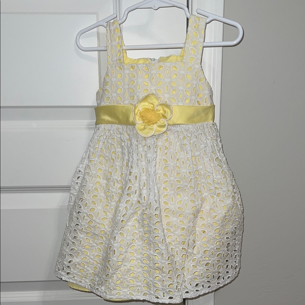 Jessica Ann Yellow and White Eyelet Lined Dress with Flower Appliqué